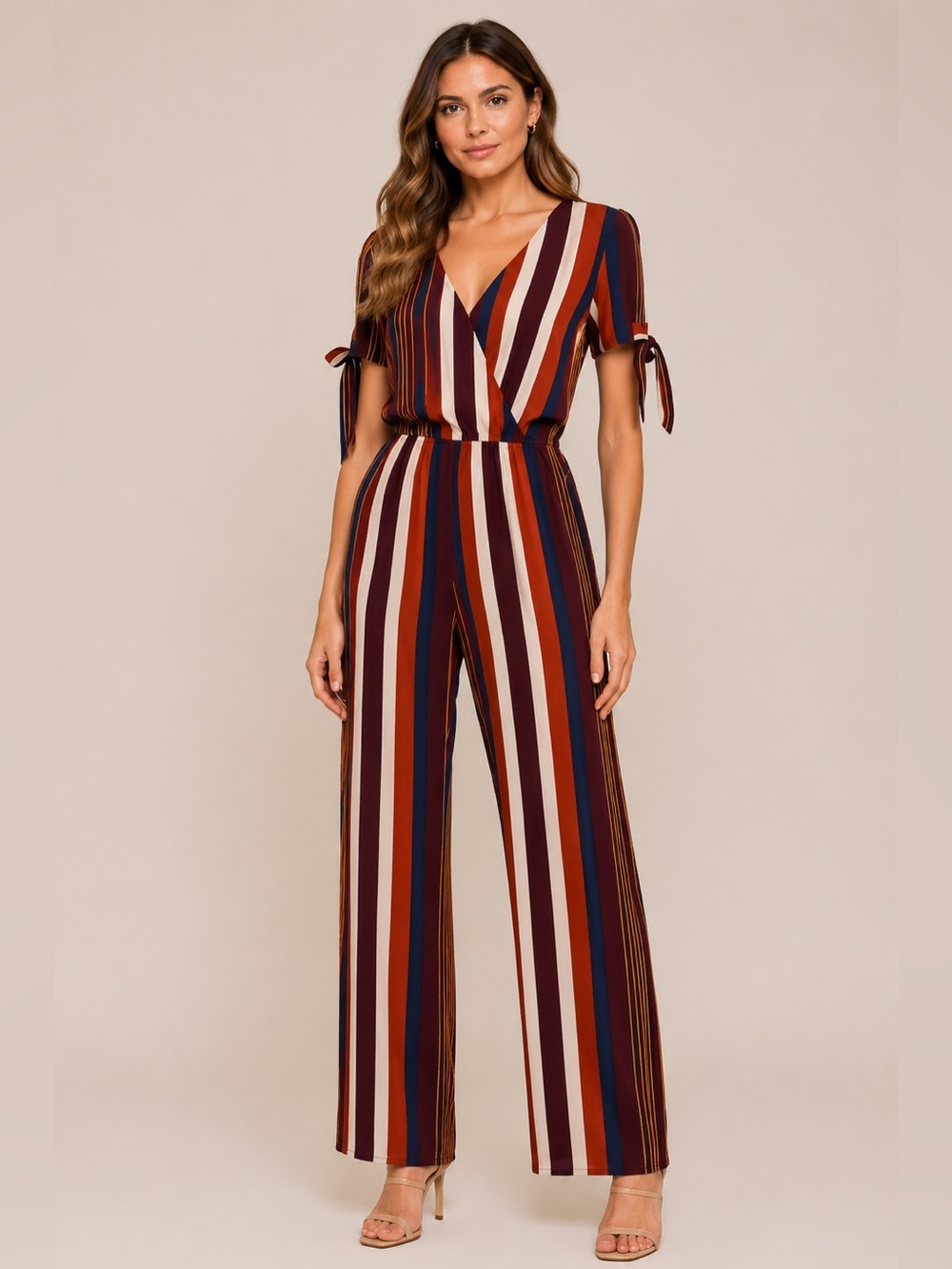 Multi-Stripe V-Neck Wide-Leg Jumpsuit in Navy, Burgundy & White